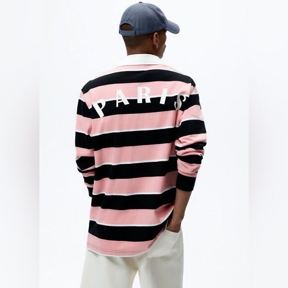 ZARA Patch Striped Polo Pink and Black, Unisex, Men size Small - Picture 3 of 15